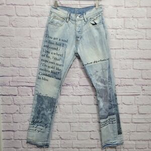 MNML Shakespeare Jeans Men 29x32 Distressed Light Wash Button Fly Double Graphic